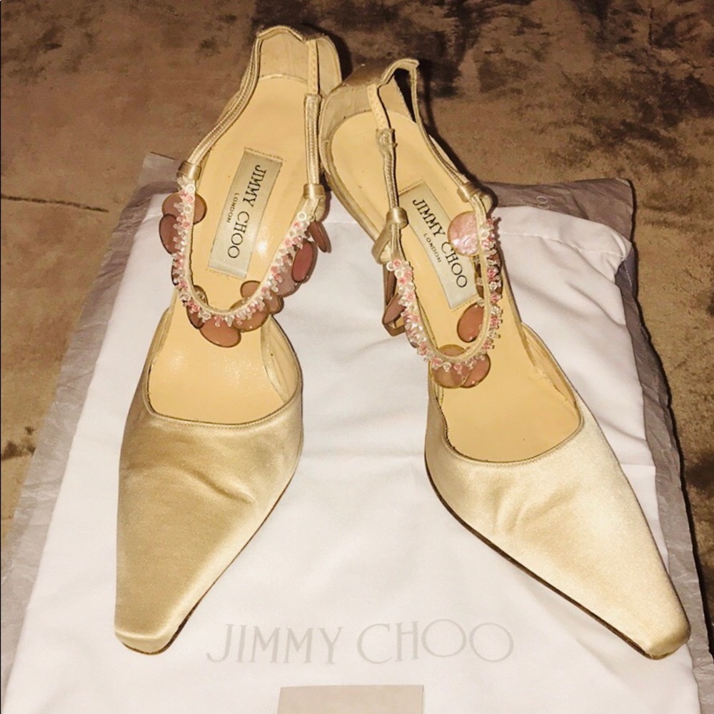 Jimmy Choo gold satin sandals w/pink glass bangles